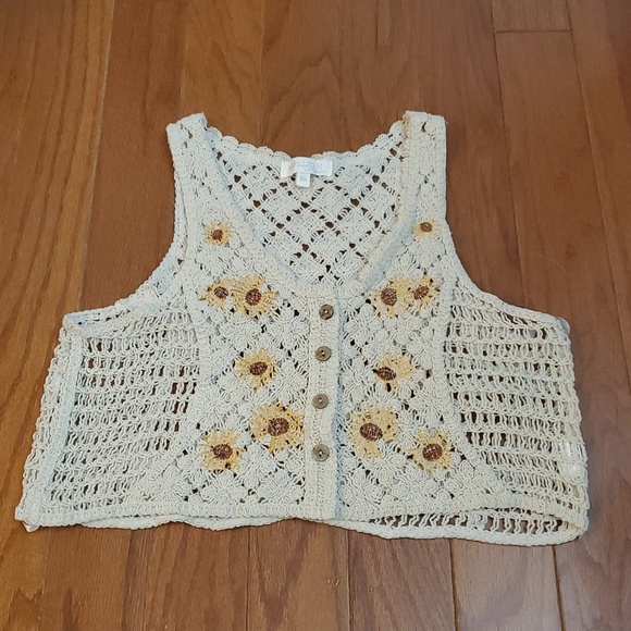 Rebellion Again Tops - Rebellion Again Crochet Crop Tank Top Sunflowers‎ Cream M Button Cottagecore